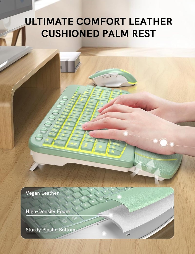 SABLUTE Ergonomic Wireless Keyboard and Mouse Combo - Wave Keyboard with Soft Leather Wrist Rest, Resistant Keys, RGB Backlit Rechargeable Set for PC/Mac/Chromebook (Green) - Image 2